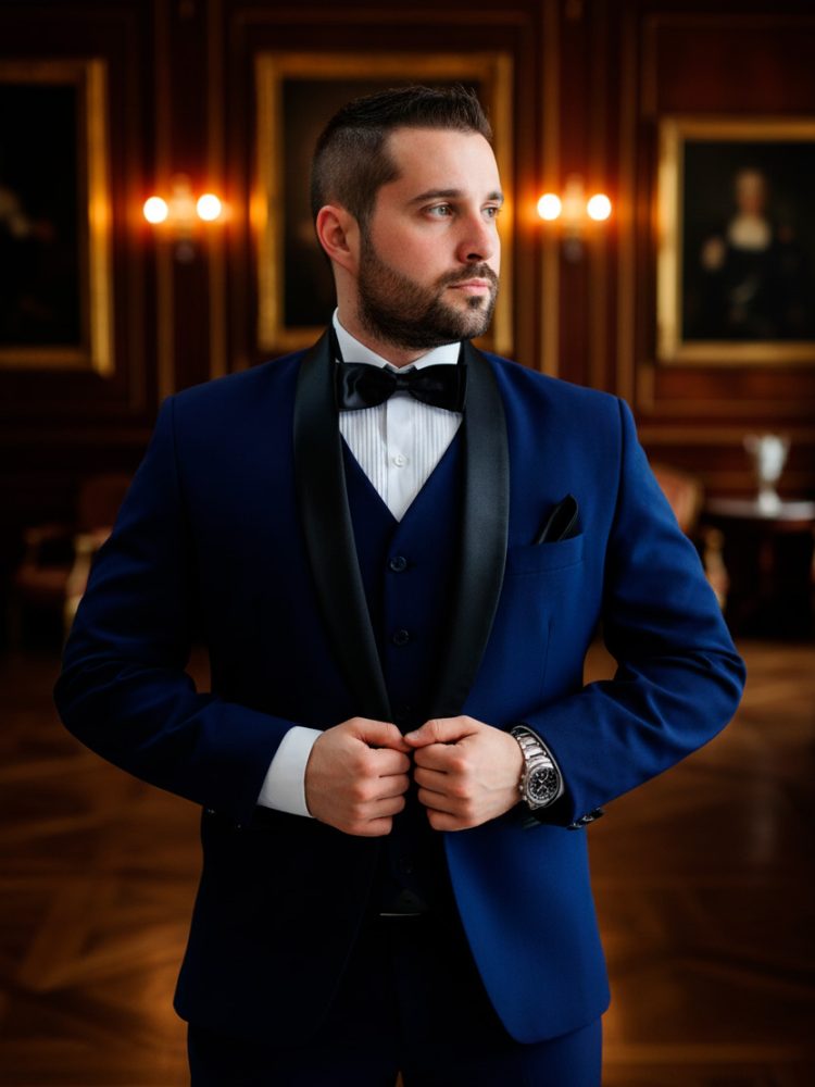 Homem usando um elegante smoking azul marinho com lapela xale preta acetinada e gravata borboleta. Ele está ajustando o punho de sua camisa branca em um ambiente clássico com painéis de madeira e quadros dourados ao fundo. O traje é ideal para um noivo, formando ou evento black-tie.